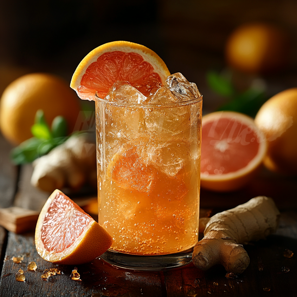 Professional photographer documents Grapefruit iced, ginger, gogi berry.