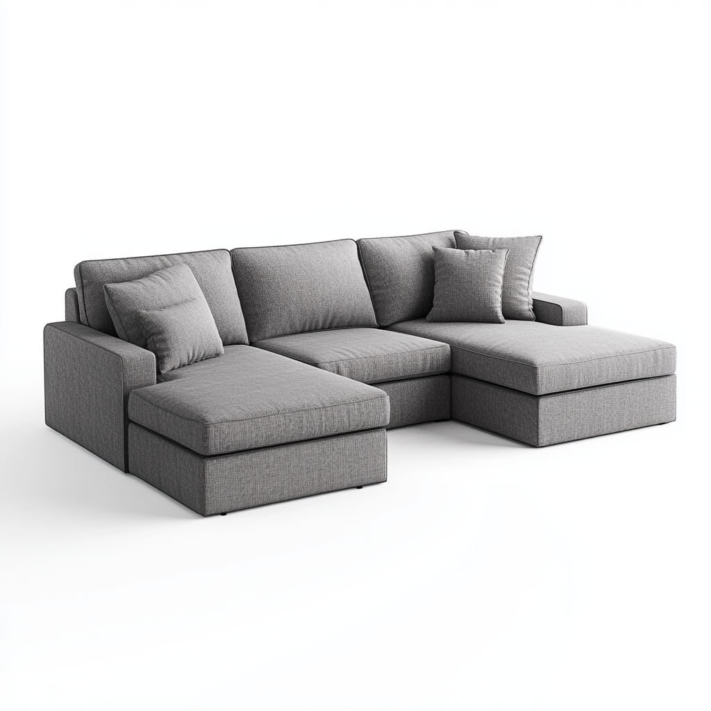 Professional product photo of gray sofa on white background.