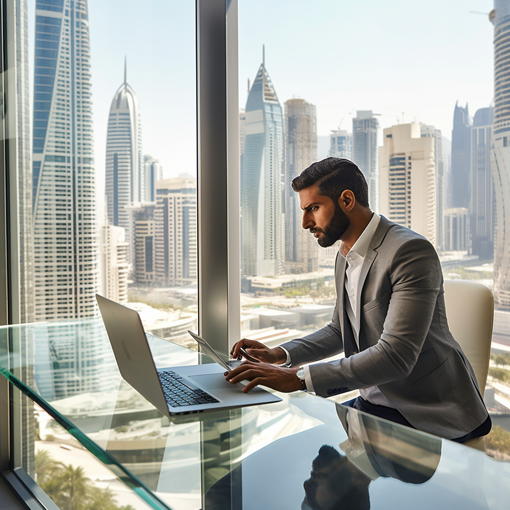 Professional real estate agent typing on laptop in Dubai office.