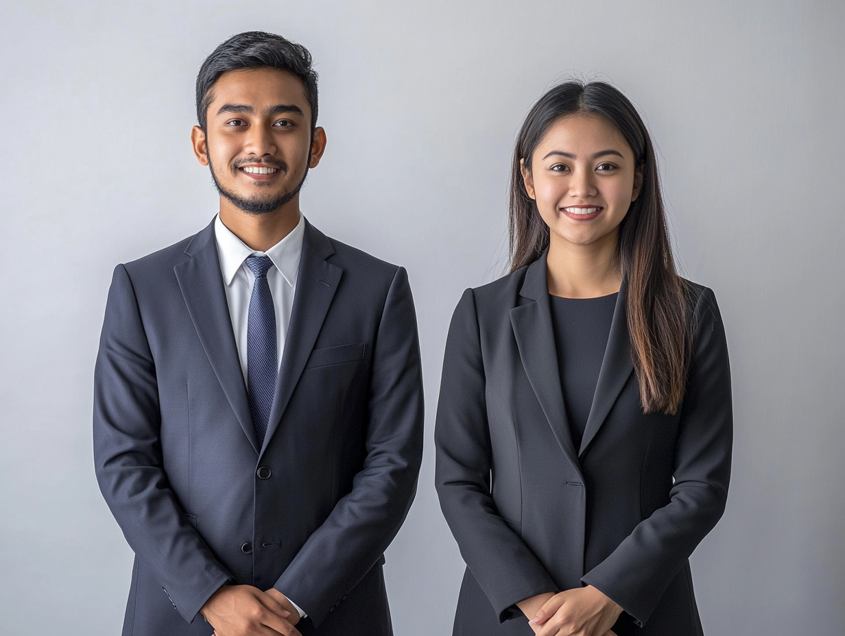 Professional studio portrait of Bangladeshi man and Asian woman representing skilled workforce.