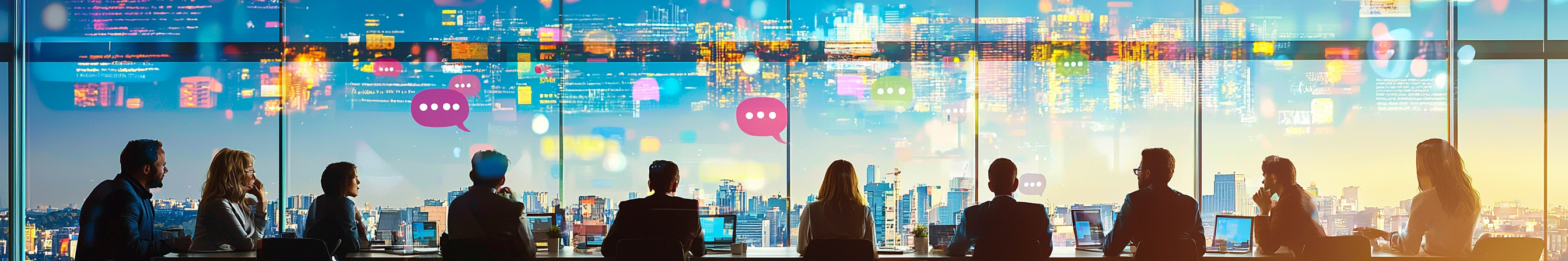 Professionals discussing at conference table with city backdrop