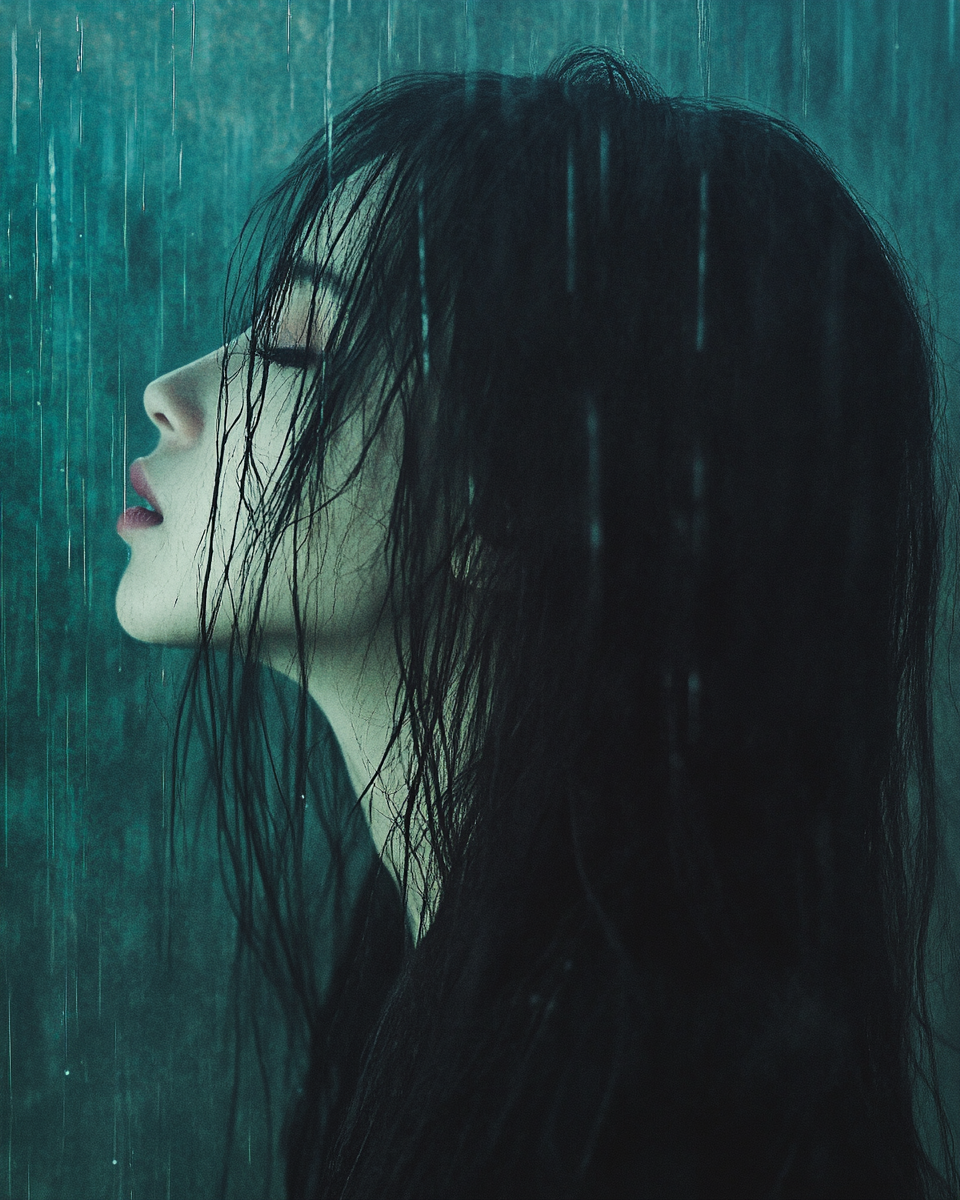 Profile of Asian woman with eyes closed in rain.