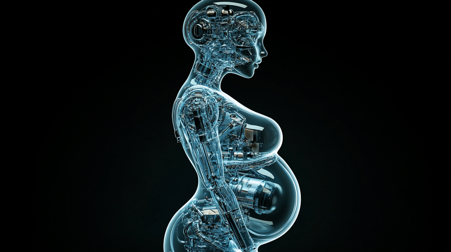 Profile of android with transparent pregnant abdomen, detailed mechanics