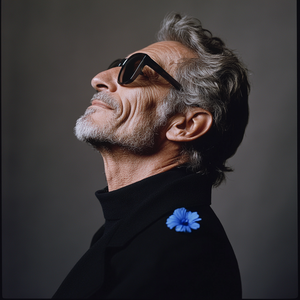 Profile of cocky 50-year-old man in sunglasses, blue colors