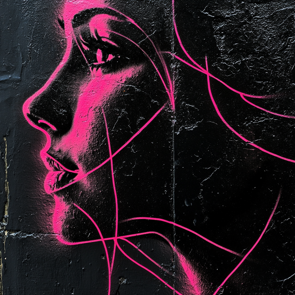 Profile of woman's face with graffiti smiley and cat.