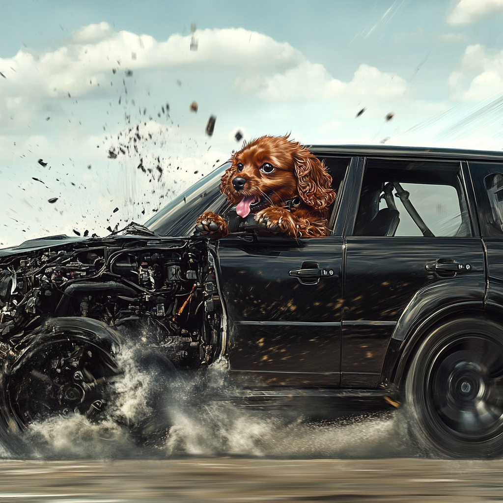 Profile view of cavalier dog driving range rover.