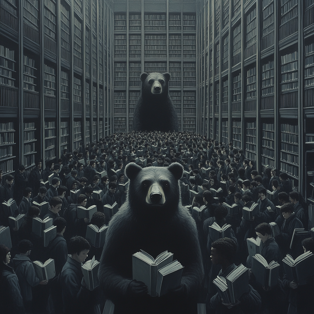 Prominent bear captures students' attention in dimly lit library.