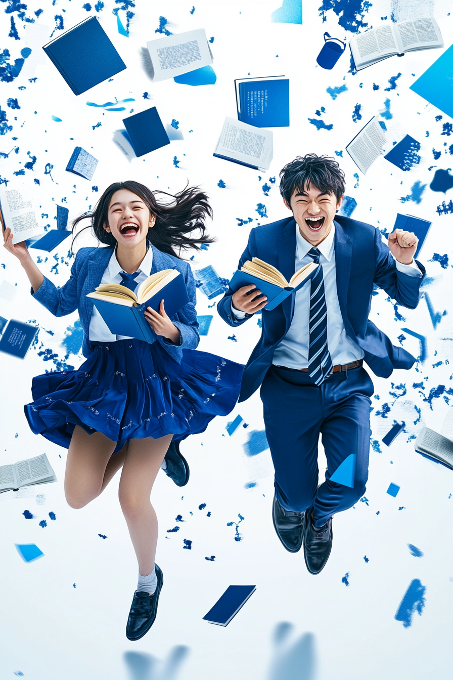 Promotional poster with characters running towards us with open book