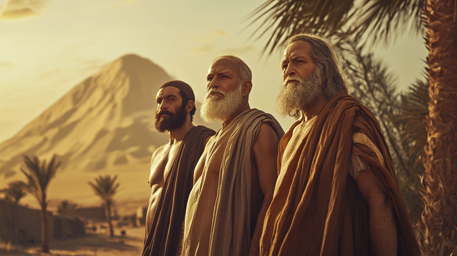 Prophet Noah and Sons in Desert at Sunrise