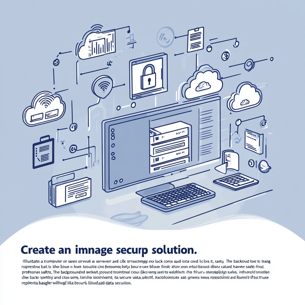 Protected computer with lock, cloud icons secure data