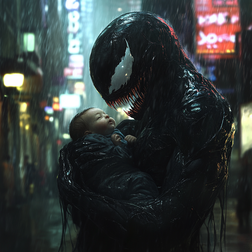 Protective Venom-like female with baby in symbiote form, gentleness.