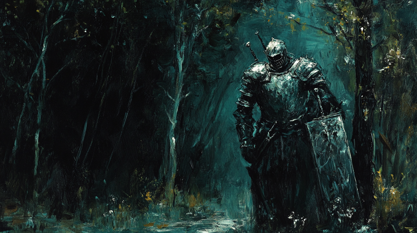 Protective knight guards frightened girl in eerie forest