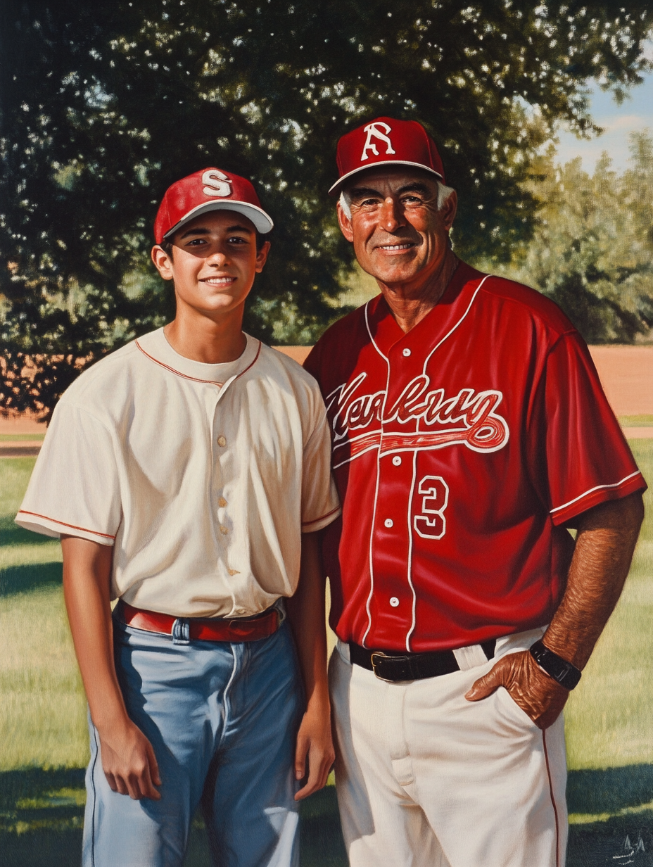 Proud father and son in baseball uniform portrait.