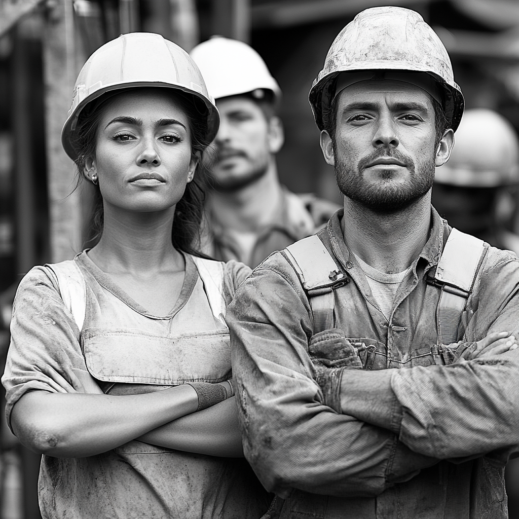 Proud multicultural workers in construction sector with folded hands.