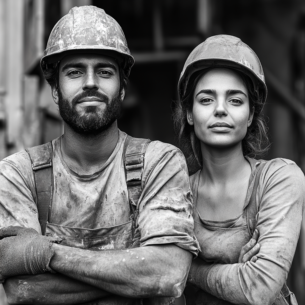 Proud multicultural workers in dirty builder's clothes.