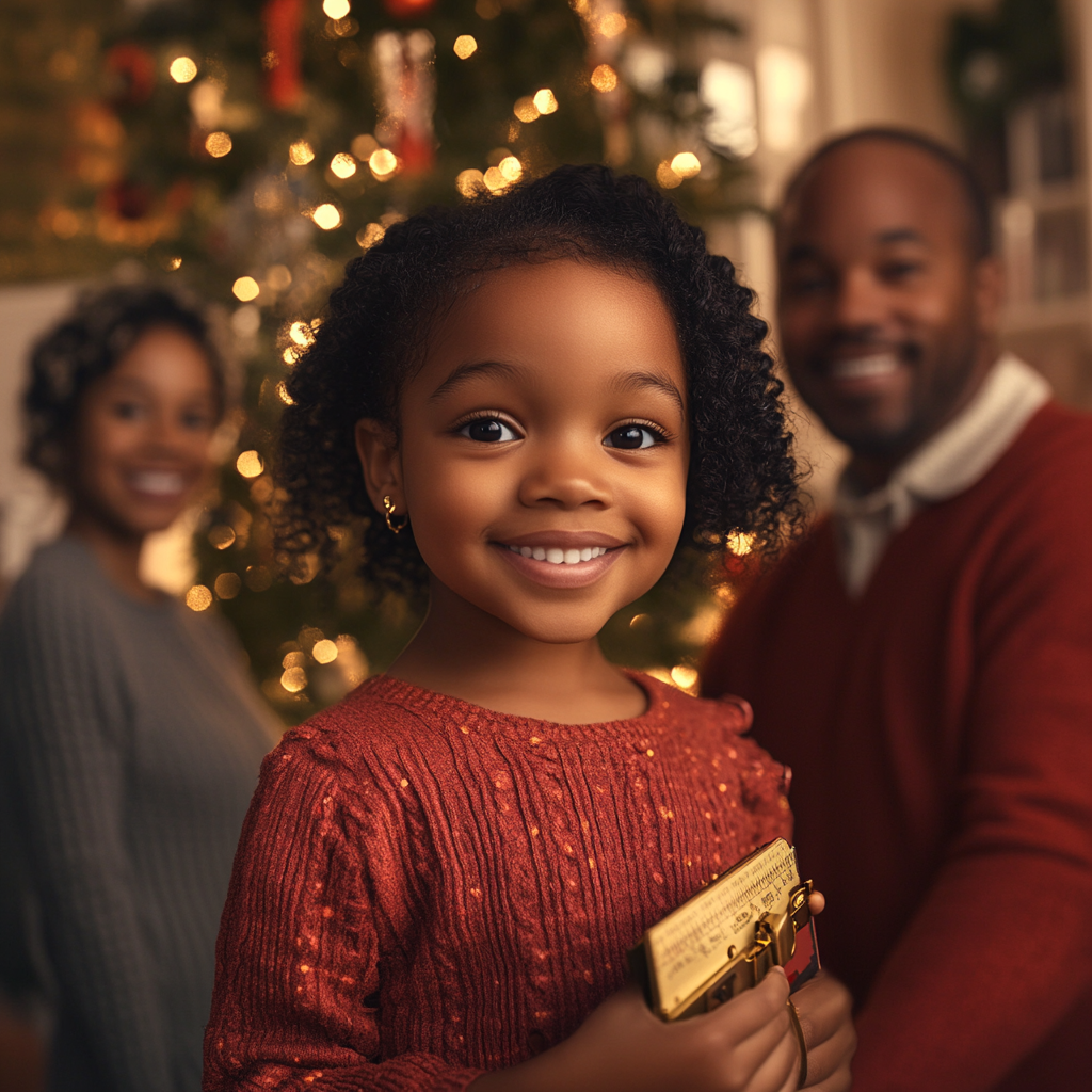 Proud parents watch girl with practical Christmas gift