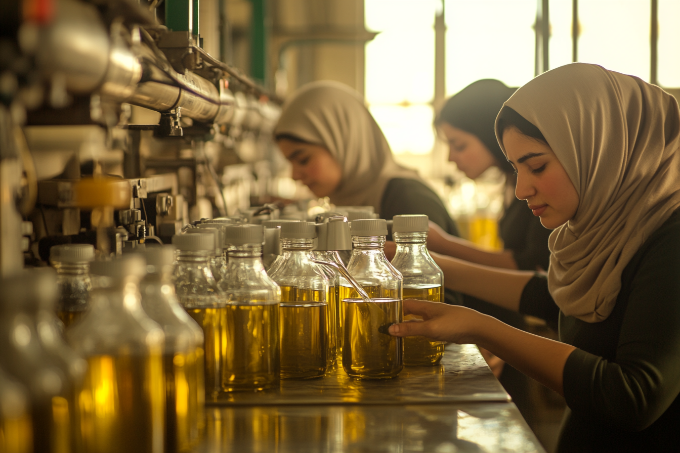 Proud workers label olive oil bottles in factory.