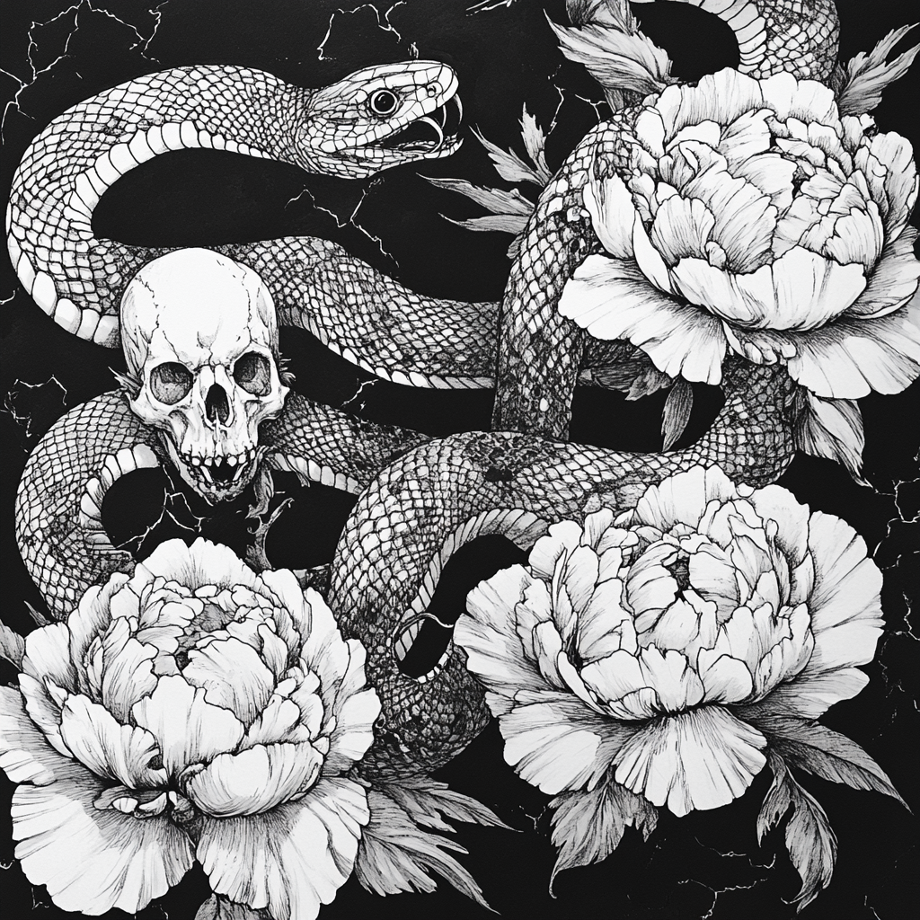 Psychedelic cobra with skulls in peonies, Akira inspired.