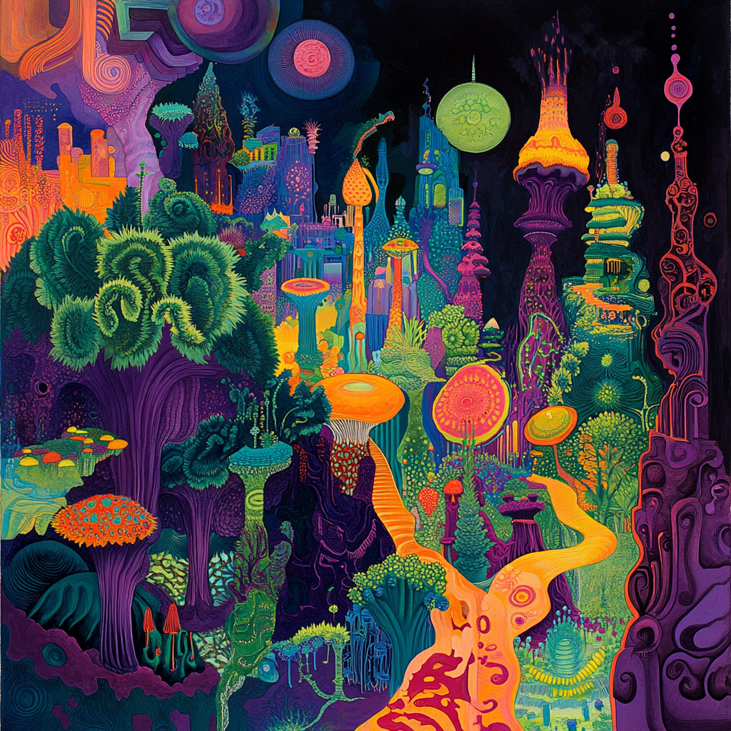 Psychedelic forest fights dark city in colorful battle.