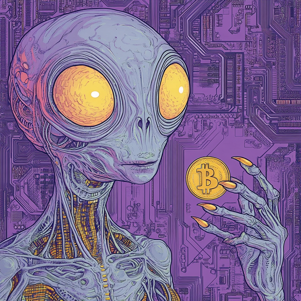 Psychedelic grey alien holding gold coin with X.