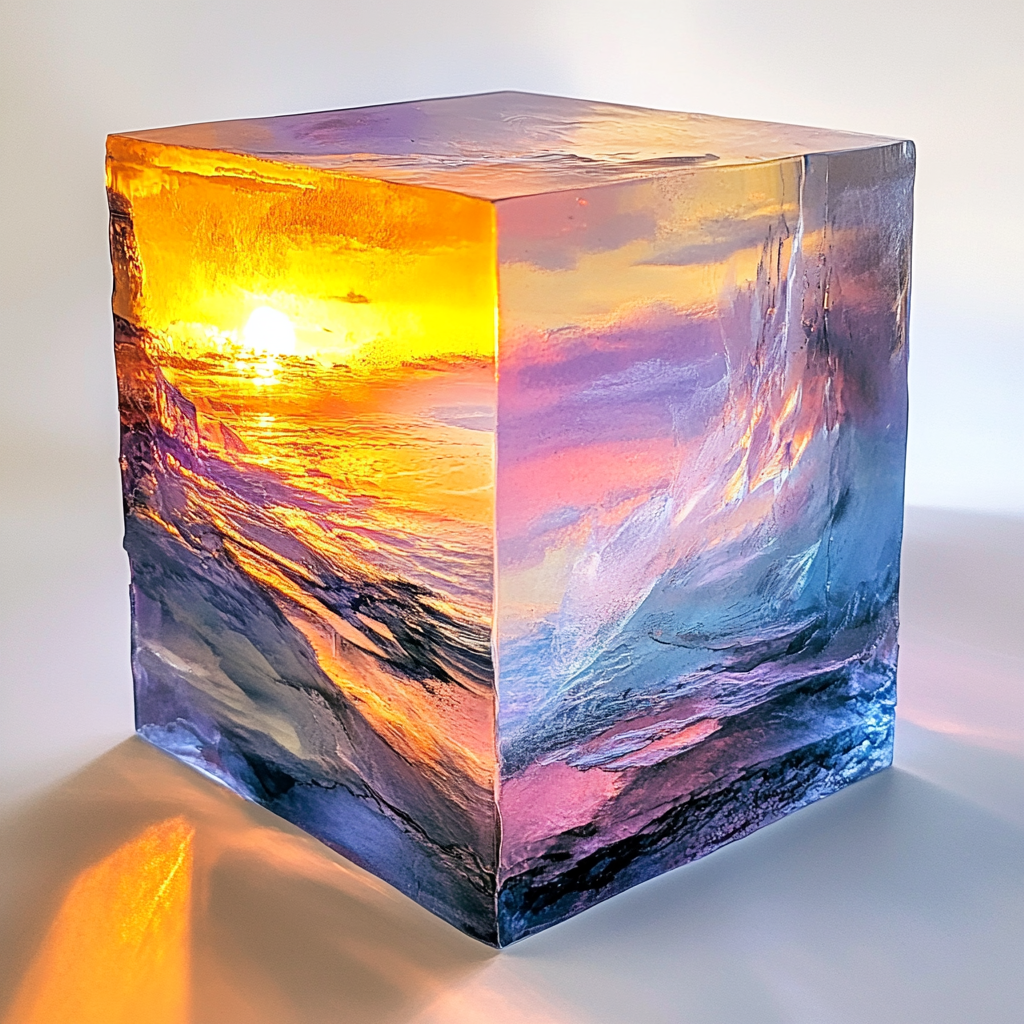 Psychedelic sunrise in glass cube with cinematic lighting, painting.