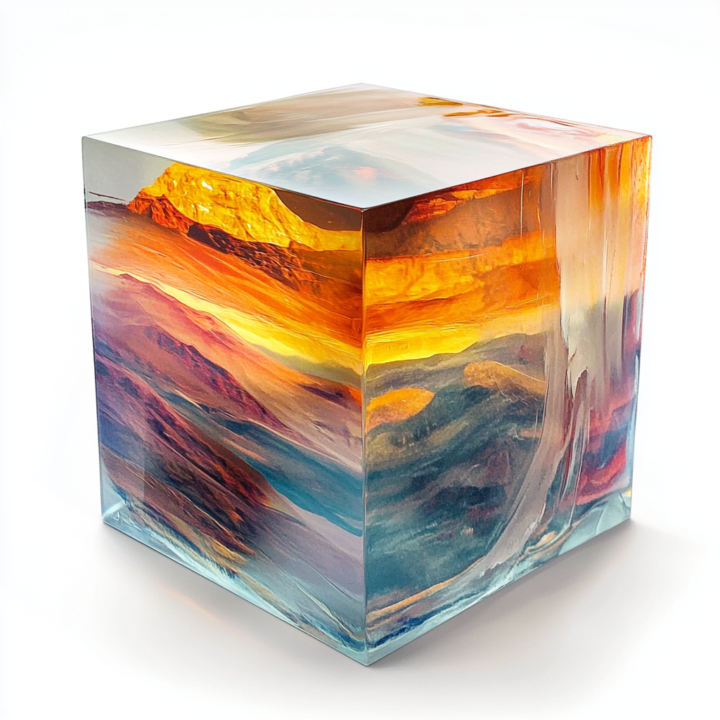 Psychedelic sunrise over Arizona in frosted glass cube.