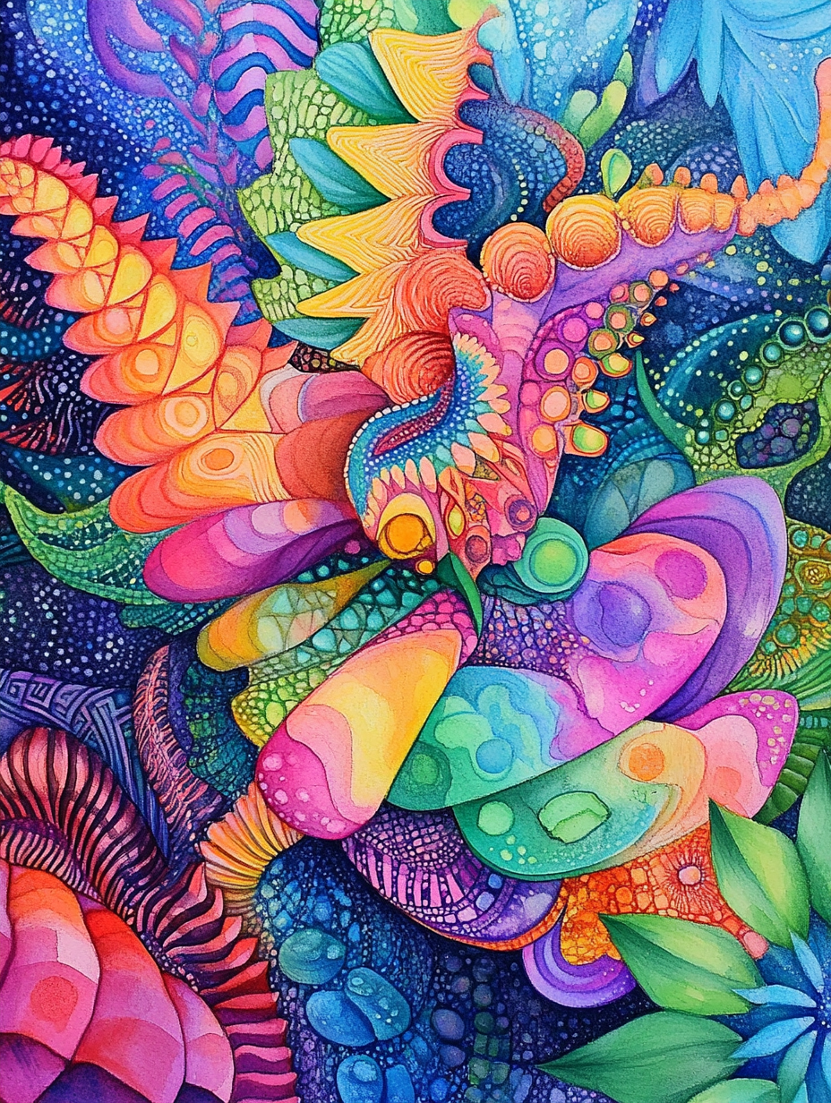 Psychedelic watercolor painting with bold contrasting girly colors.