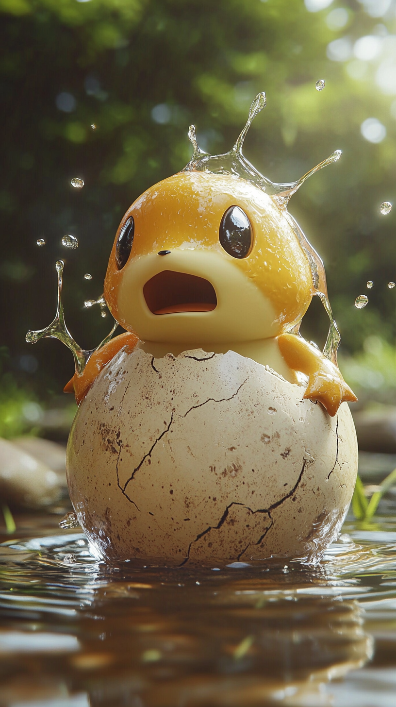 Psyduck emerges from egg looking confused, water droplets dripping.