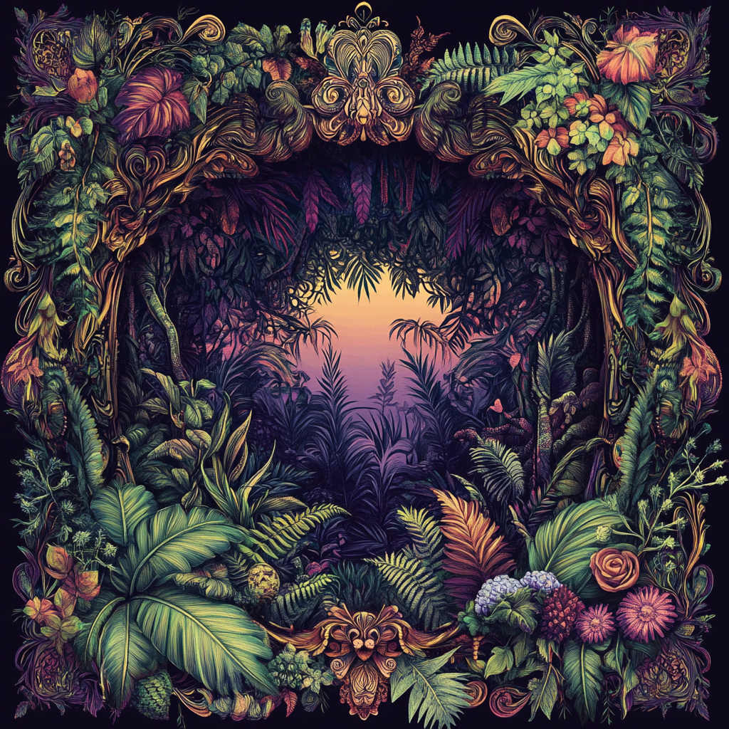 Psytrance Festival Illustration with Vintage Psychedelic Foliage