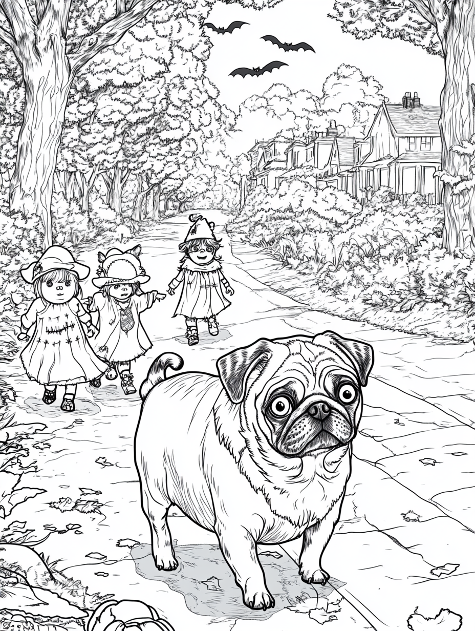 Pugs Halloween Coloring Book Vector Illustration 3:4 