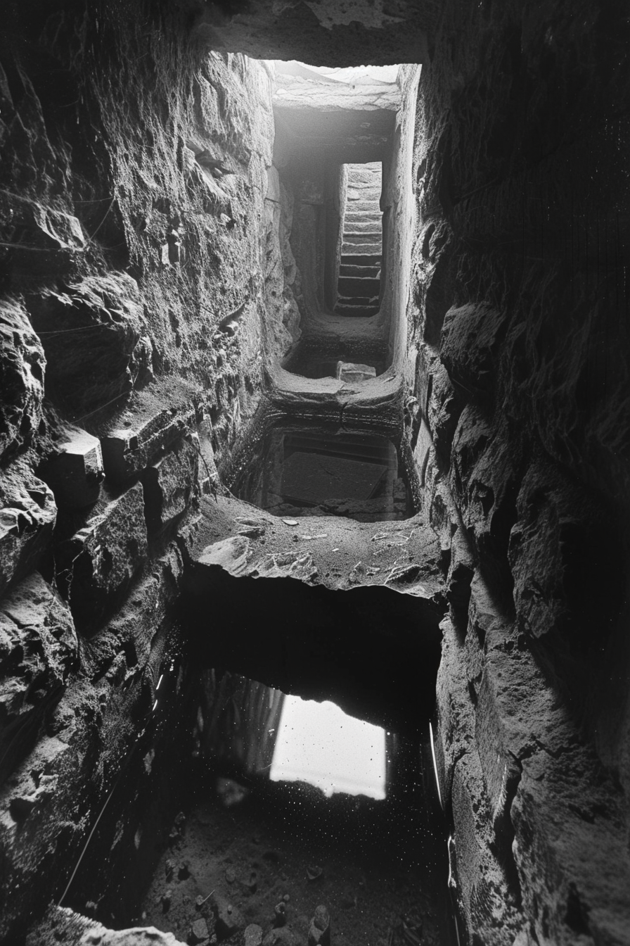 Punji pit in mirror maze, crime scene, black/white.