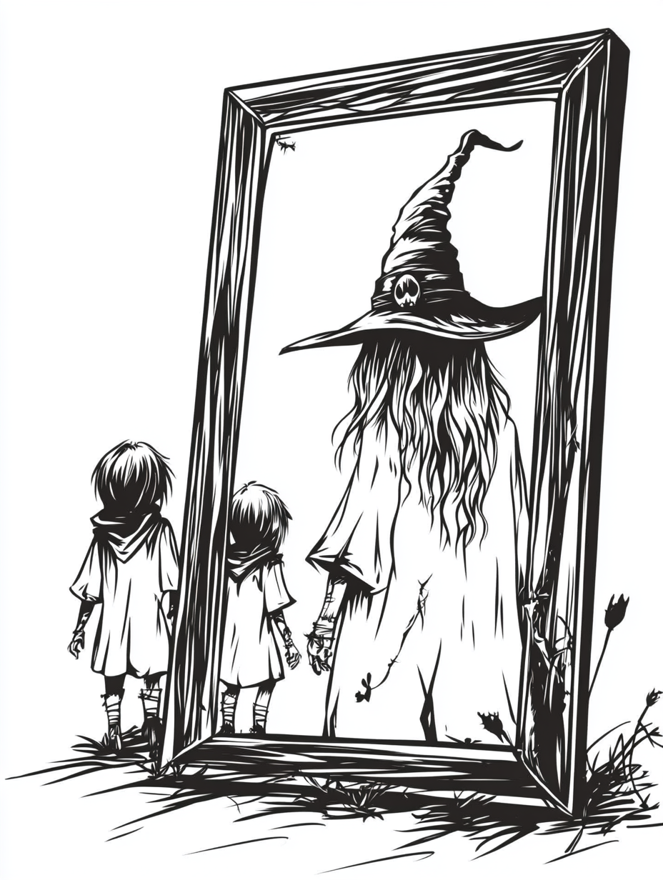 Punk halloween witch following children in mirror page illustration.