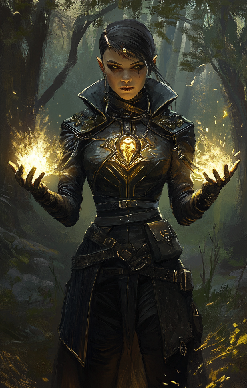 Punk hobbit summoning spirit in banshee armor, forest background.