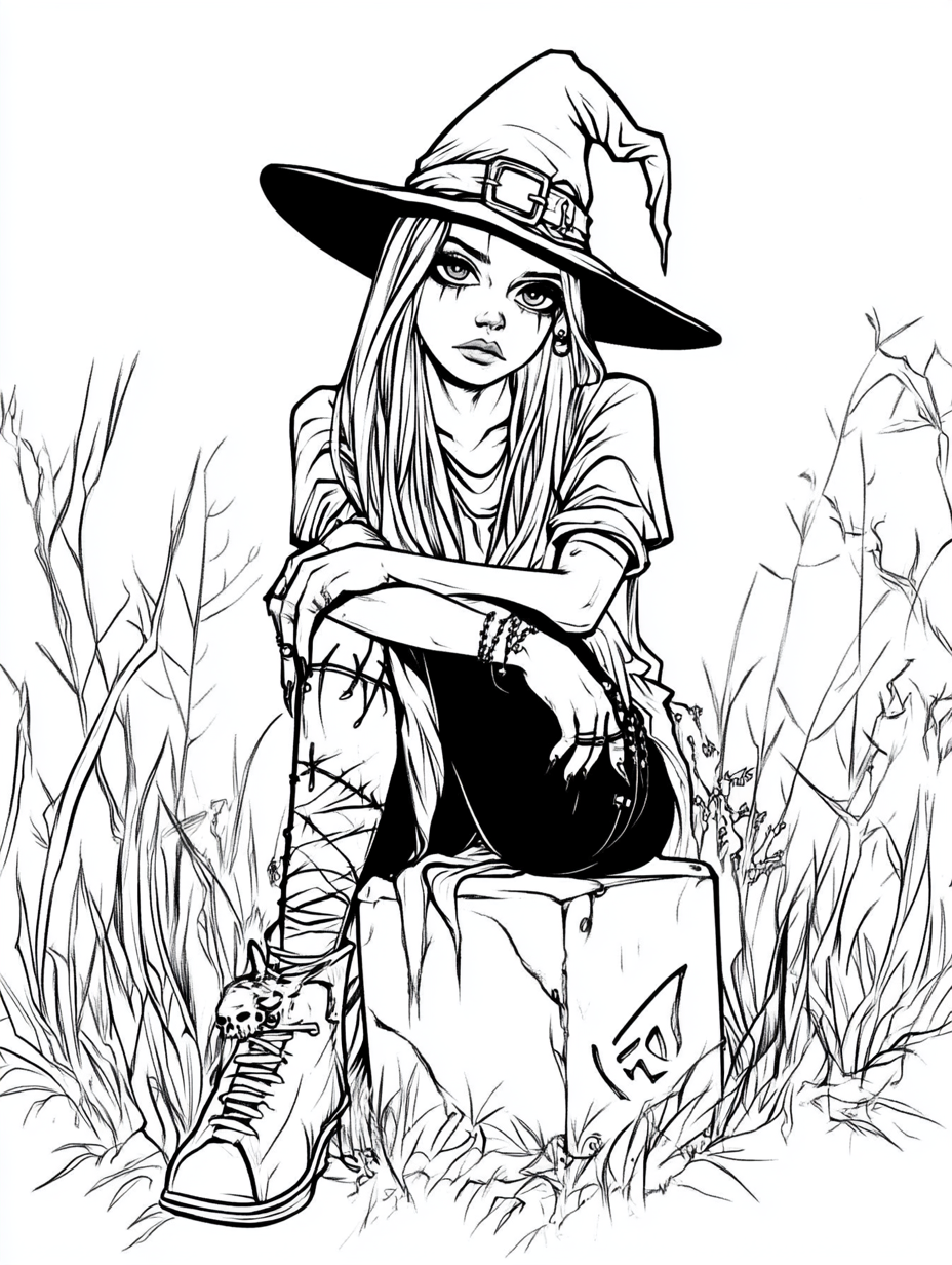 Punk witch on gravestone, minimalist black line drawing.