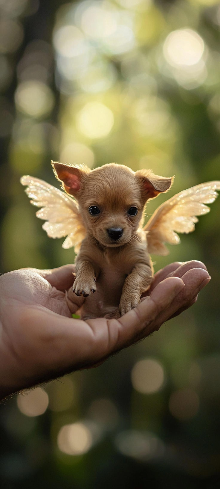 Puppies with wings ready to fly in forest