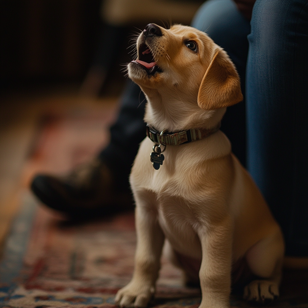 Puppy barking at owner with natural lighting indoors.