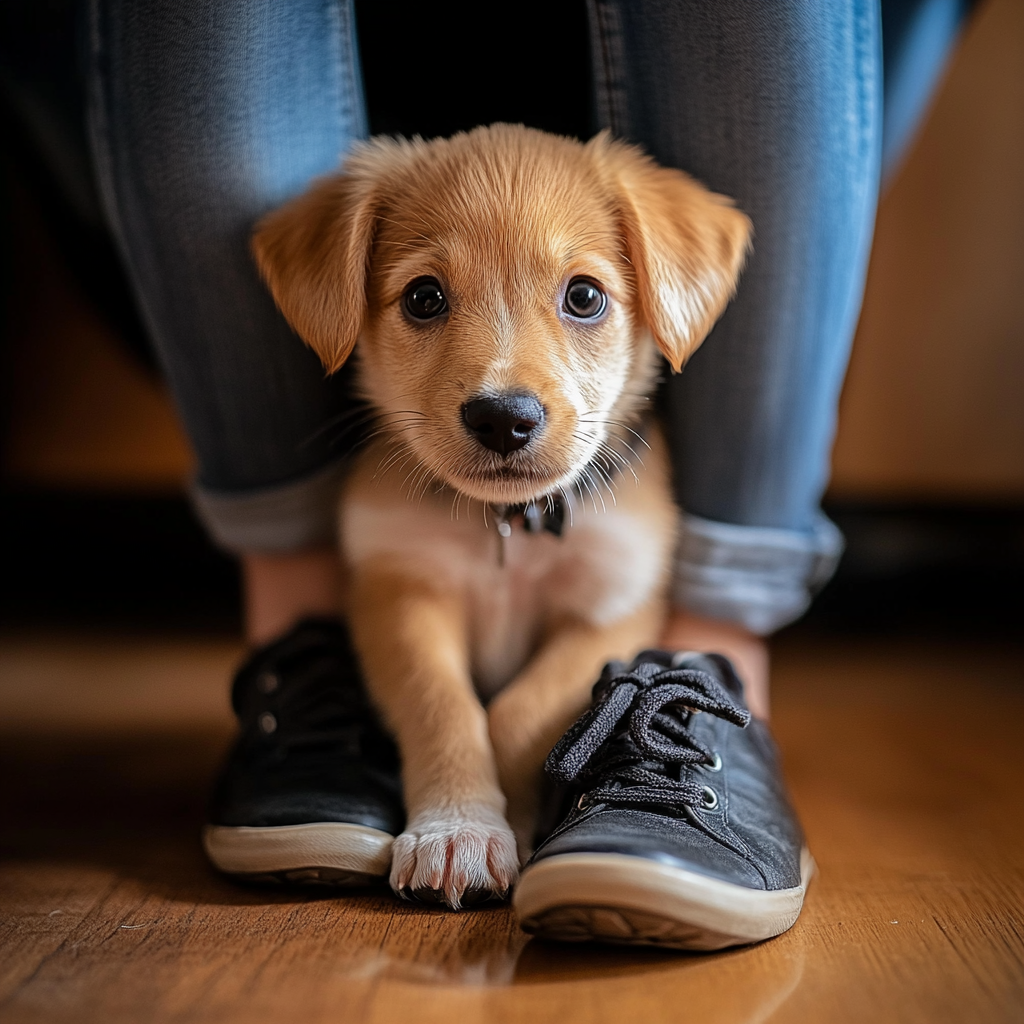 Puppy playing with shoes indoors, owner watching nearby.