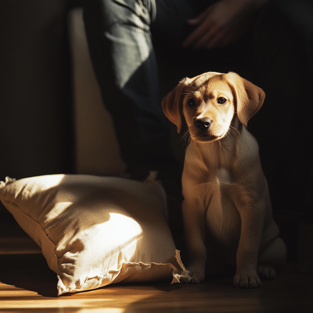 Puppy sitting indoors next to torn pillow near owner.