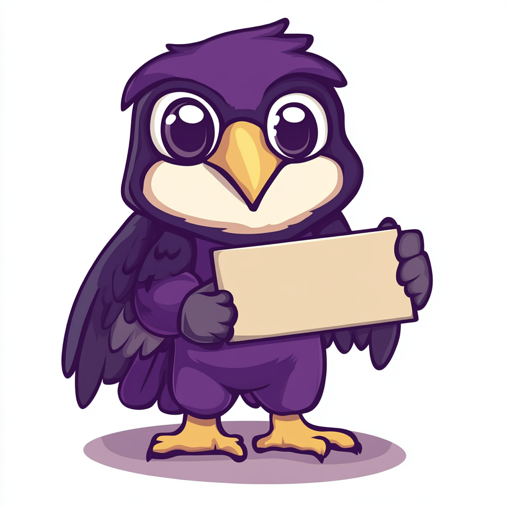 Purple Baby Hawk Mascot Holding Sign