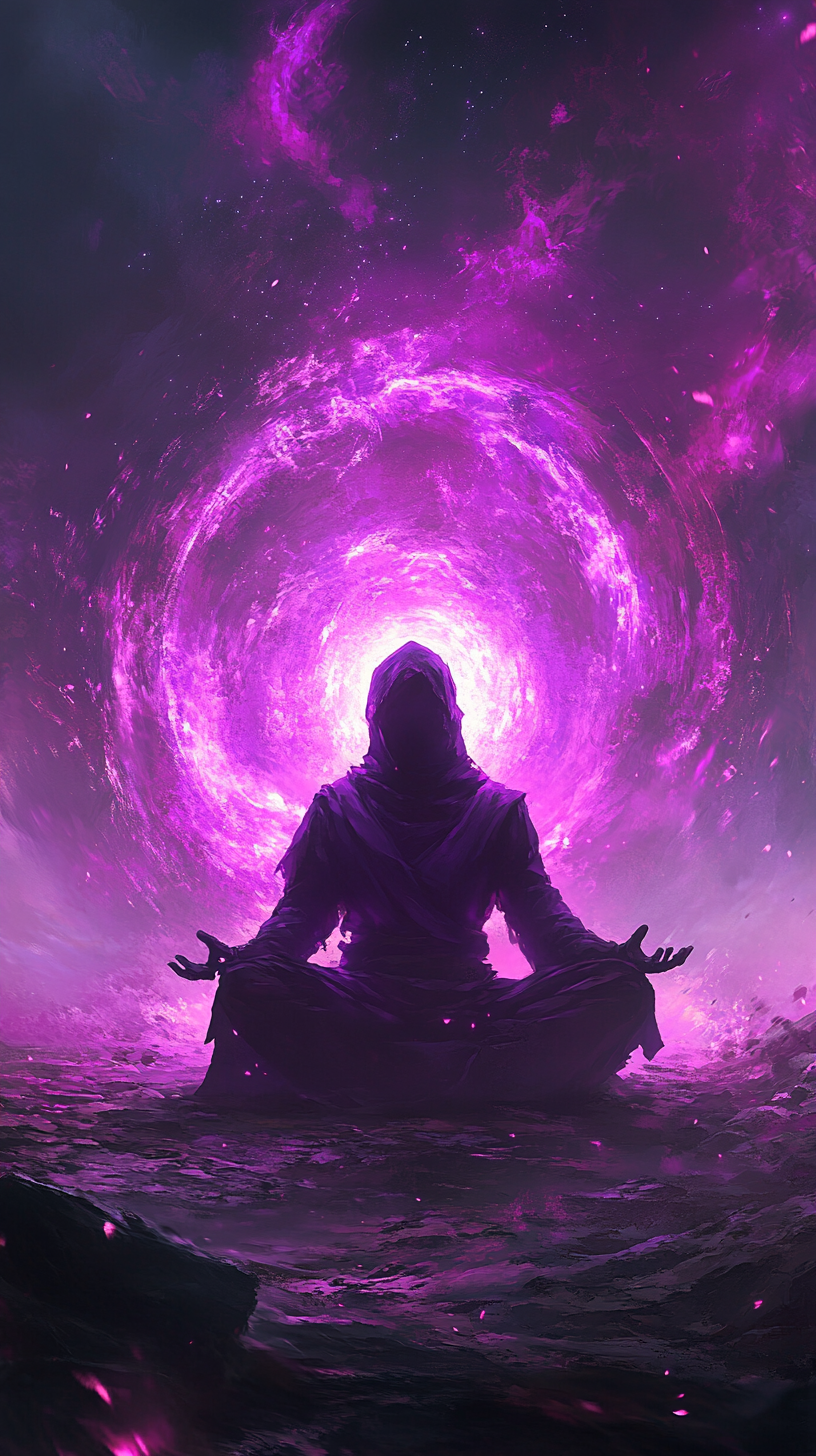 Purple Figure Meditating in Cosmic Energy Halo.