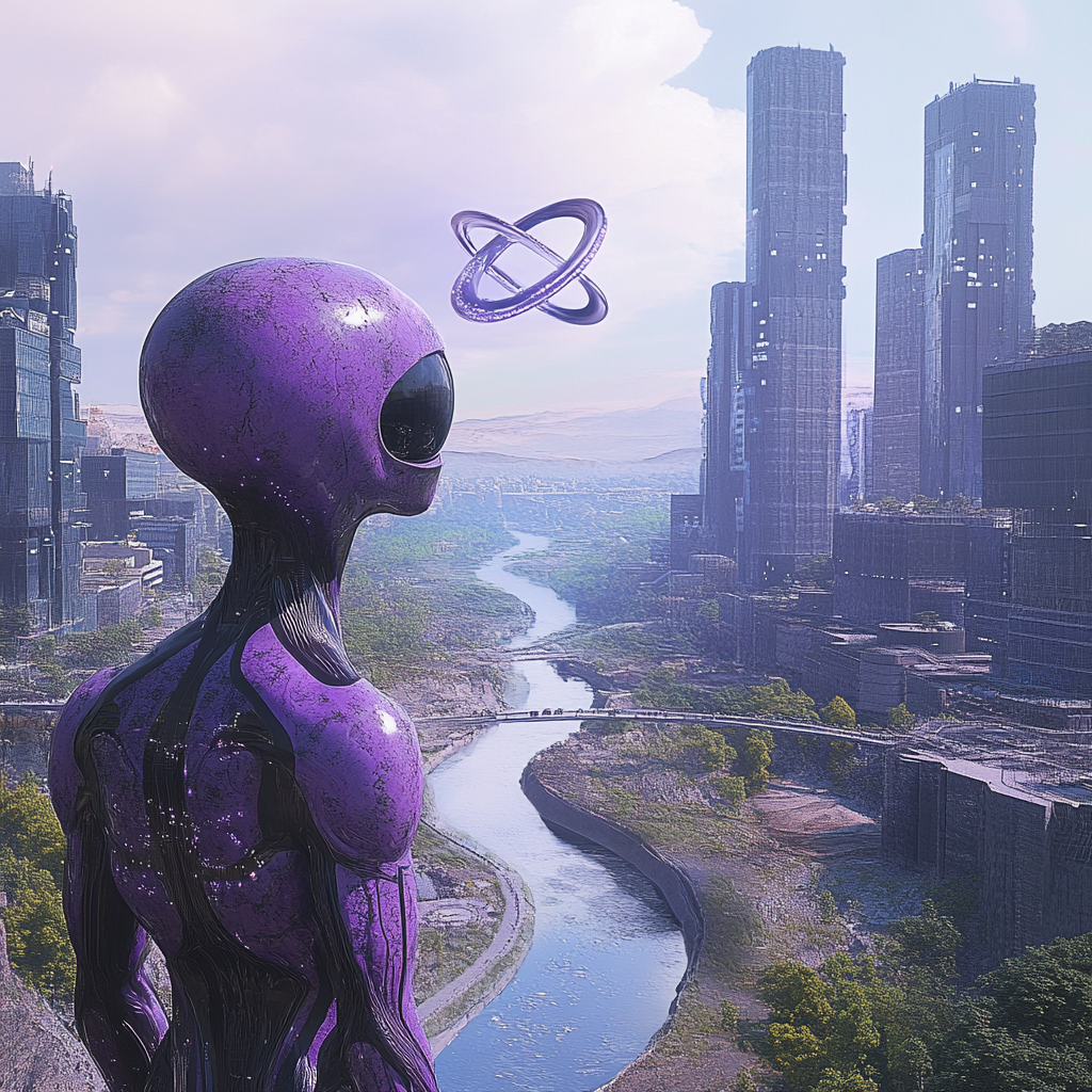 Purple alien admiring river merging into infinity building