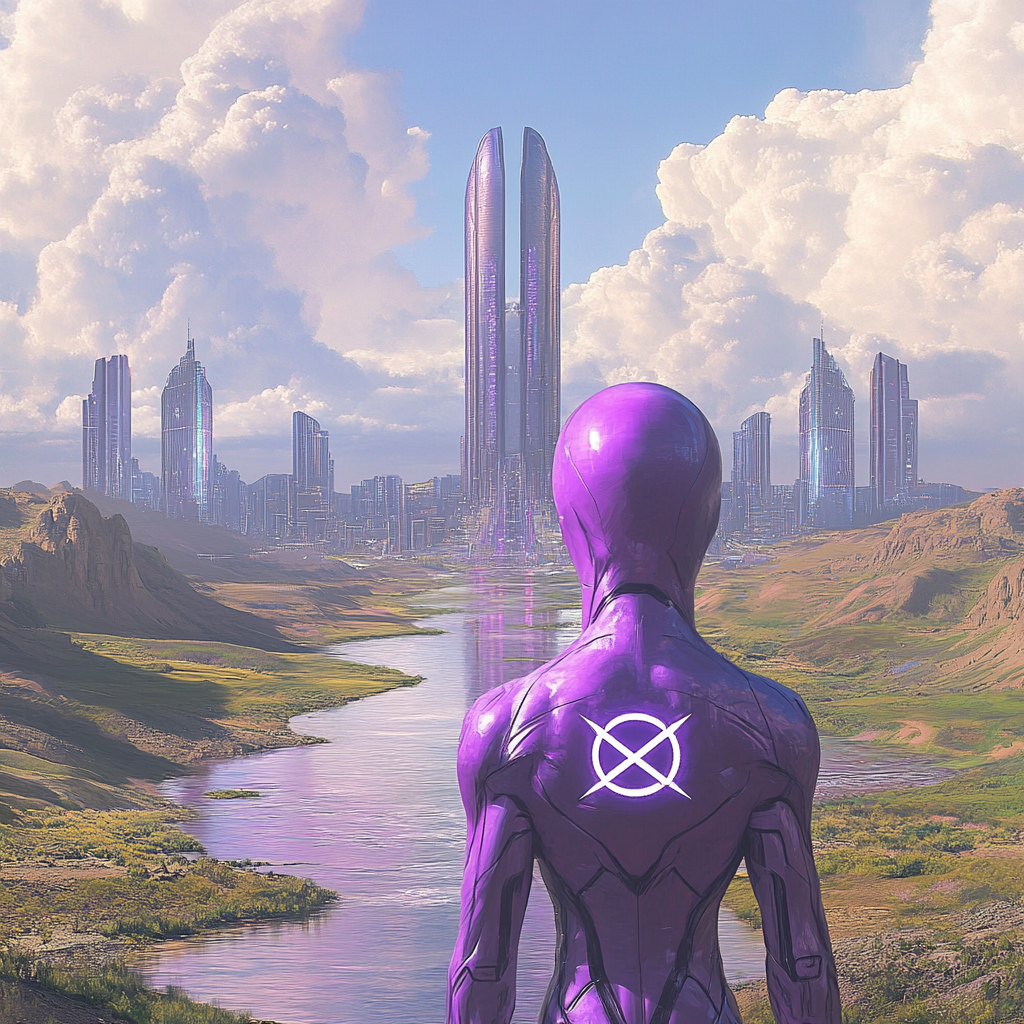 Purple alien observing merging rivers leading to tech building