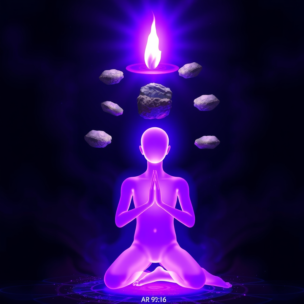 Purple figure with glowing rocks, praying in light.