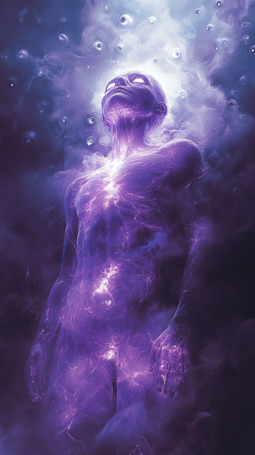 Purple glowing figure sleeps peacefully, watched by many eyes.