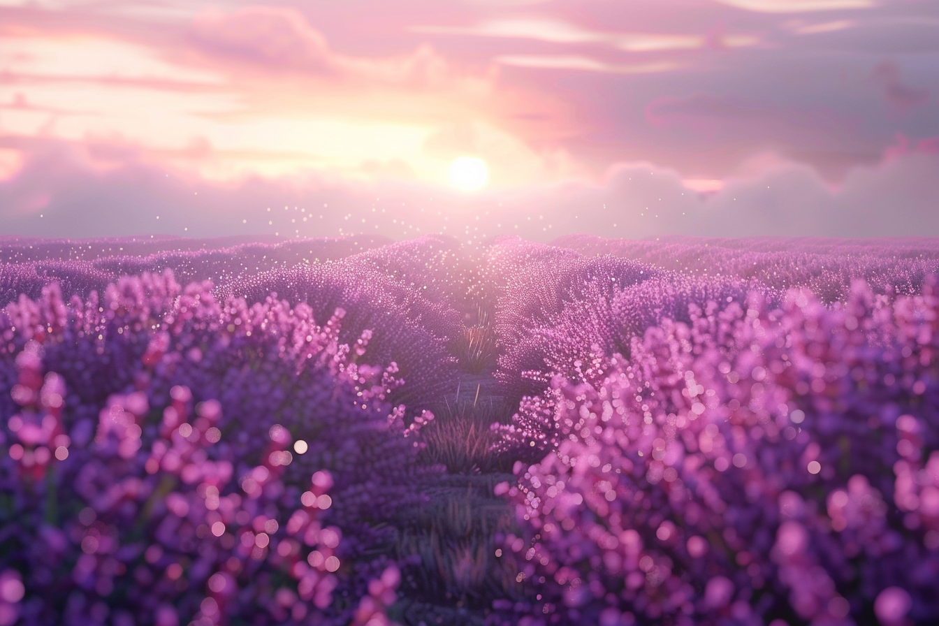 Purple lavender field sunrise, dew drops, mist, ultra-realistic 8K.