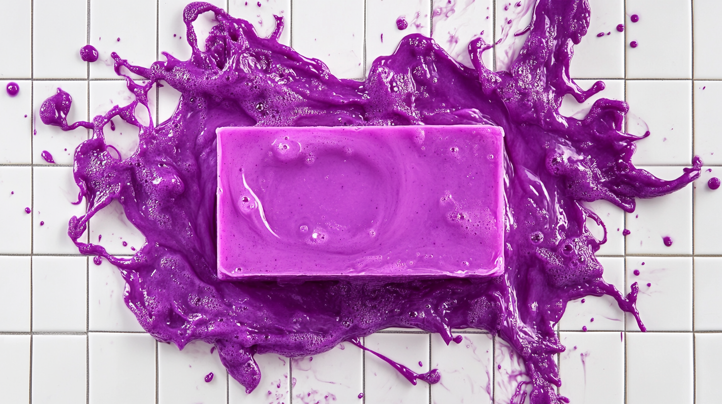 Purple soap bar in colorful water, white bathroom background.