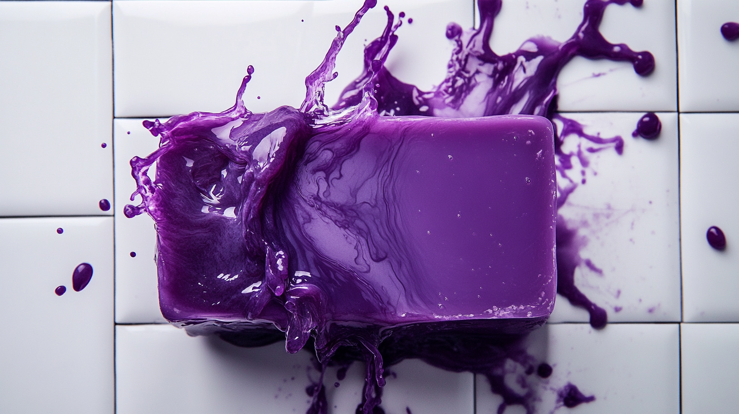 Purple soap bar leaking vibrant color in bathroom.