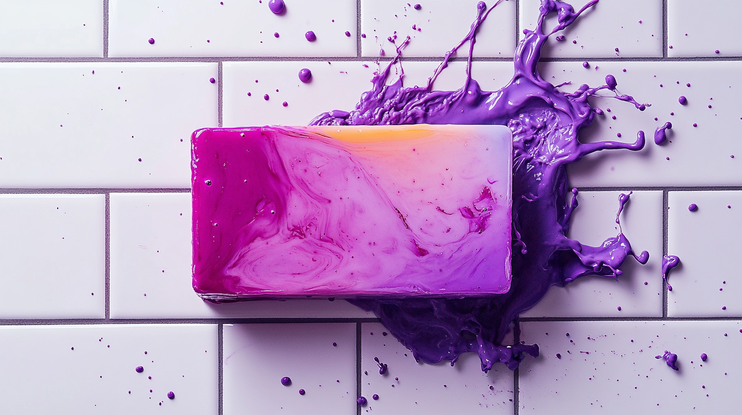 Purple soap bar with colorful water pouring out.