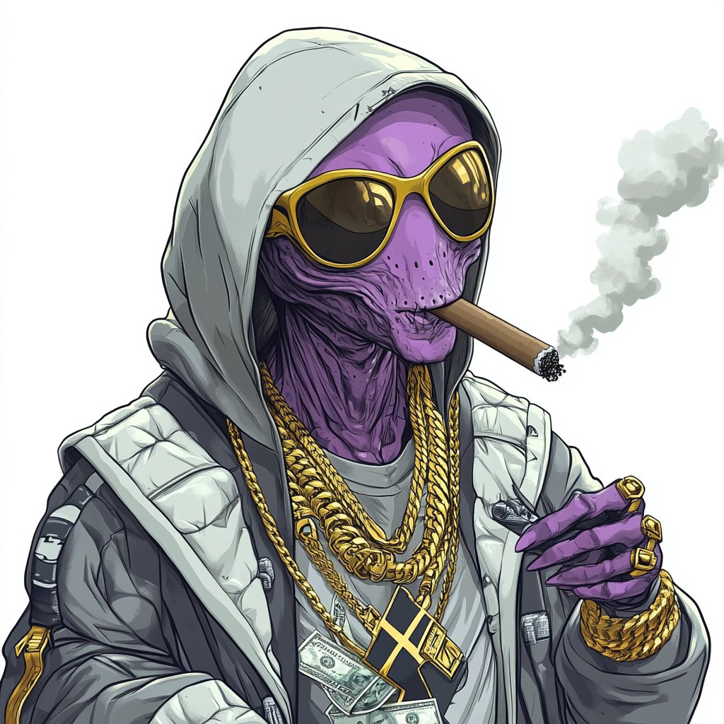 Purple tint alien in high tech armor smoking cigar.