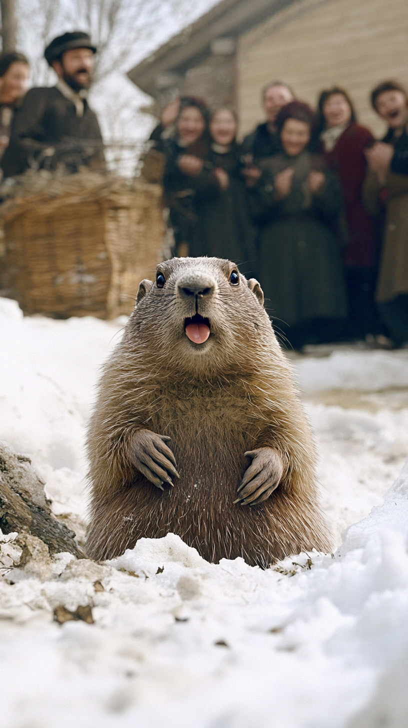 Puzzled Phil the Groundhog in Snowy 1887 Setting